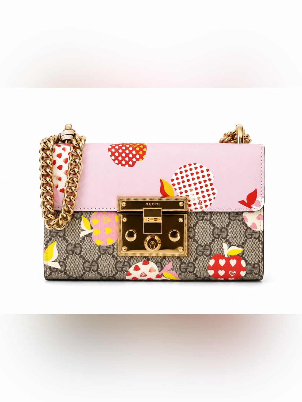 Gucci Pink Multicolor Heart & Apple Print GG Supreme Crossbody Bag